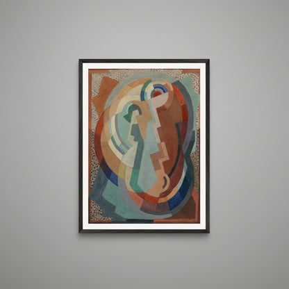 The Virgin and Child framed in black wood on a soft grey wall under diffused gallery lighting. Museum-style tone with subtle shadow, focus on geometric abstraction.