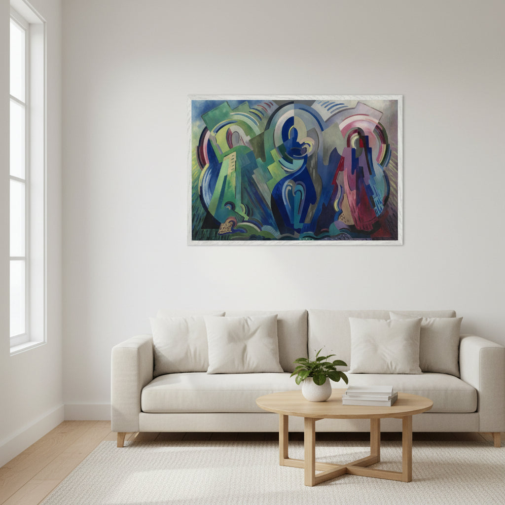 The Virgin of Éire by Mainie Jellett framed Irish Modernist sacred Framed art print in white wooden frame, hung in bright airy living room with Scandinavian decor, soft natural daylight, light wood flooring, abstract modernist painting visible, museum quality style.
