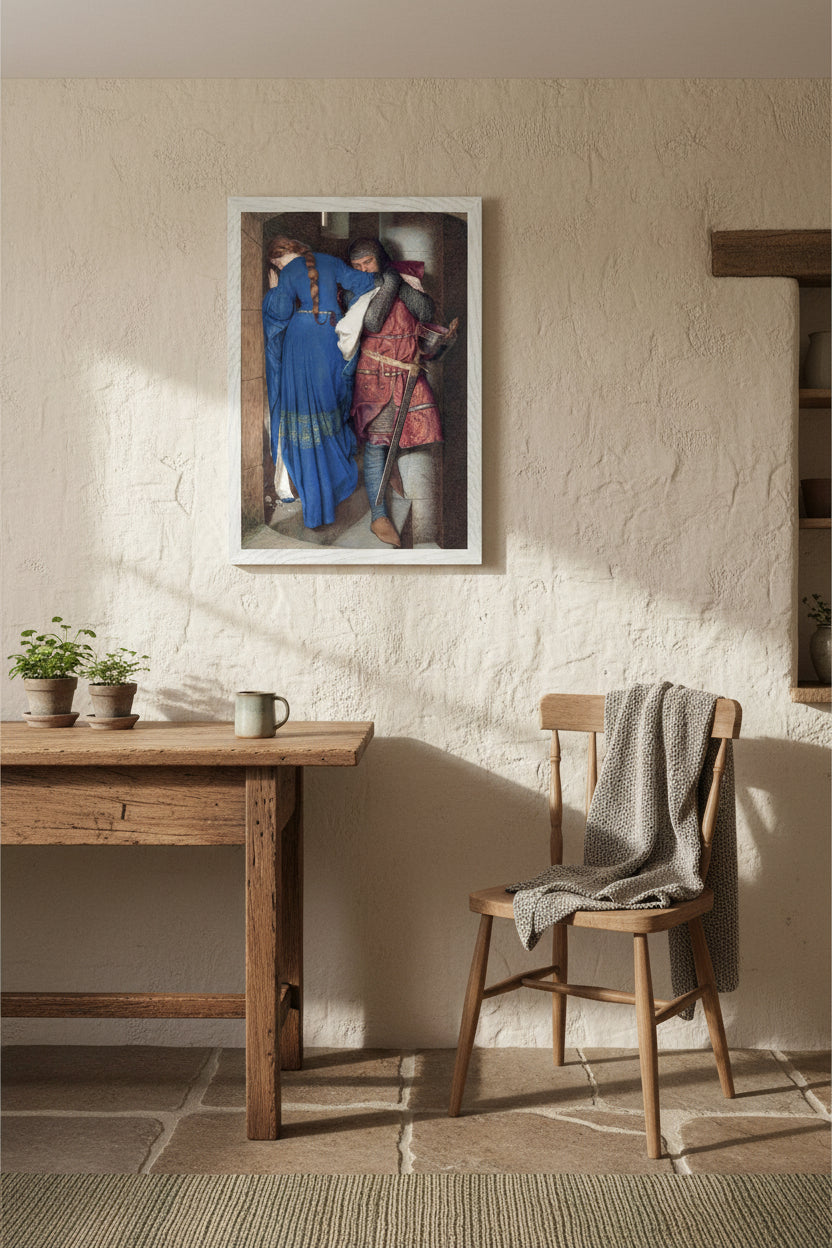 Warm cottage room with textured plaster walls, soft natural daylight, rustic wooden table, framed Turret Stairs – Collector’s Edition Irish Art Print by Frederic William Burton print hung slightly off-centre, heritage styling.
