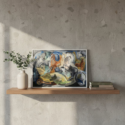 Unframed Collector’s Edition print of Achill Horses displayed on a floating shelf in a modern Irish home; raw concrete wall, ceramic vase with eucalyptus, linen-bound art books stacked beside print, warm morning light casting gentle shadows.