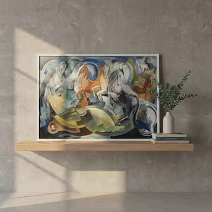 Unframed Collector’s Edition print of Achill Horses displayed on a floating shelf in a modern Irish home; raw concrete wall, ceramic vase with eucalyptus, linen-bound art books stacked beside print, warm morning light casting gentle shadows.