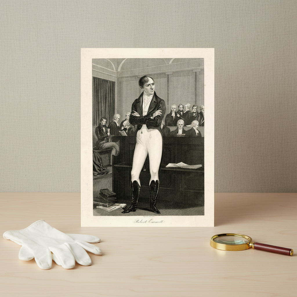 Unframed art print of Robert Emmet in Court, 1803, lying flat on a wooden conservation table under soft studio lighting. Visible texture of 200 gsm matte paper, edges gently lifted, neutral linen backdrop, archival gloves and magnifying glass nearby — refined heritage product shot.