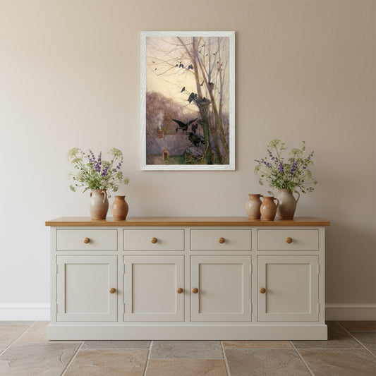 White frame: Shades of Evening framed in White Gallery frame, ready to hang. Country kitchen-dining: White Gallery frame over shaker sideboard; stone floor, earthenware jugs, wildflowers; twilight ambience.