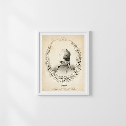 Wolfe Tone lithograph in a crisp white frame on a white wall surrounded by other Irish Patriots prints (Pearse, Hyde, Casement). Balanced spacing, natural daylight, and matte paper texture visible — refined, minimal, collector-focused aesthetic.(Pearse, Hyde, Casement). Balanced spacing, natural daylight, and matte paper texture visible — refined, minimal, collector-focused aesthetic.