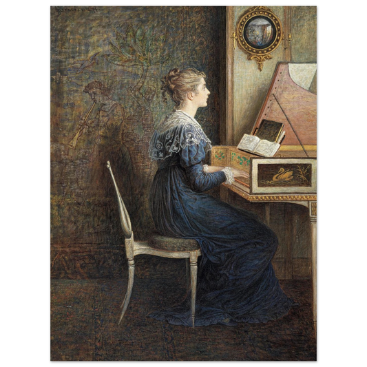 Collector’s Edition archival print of “An Old Song” leaning casually against a muted stone wall in a painter’s studio; natural daylight, worn wooden floors, palette and brushes nearby, atmosphere of nostalgia and craftsmanship.