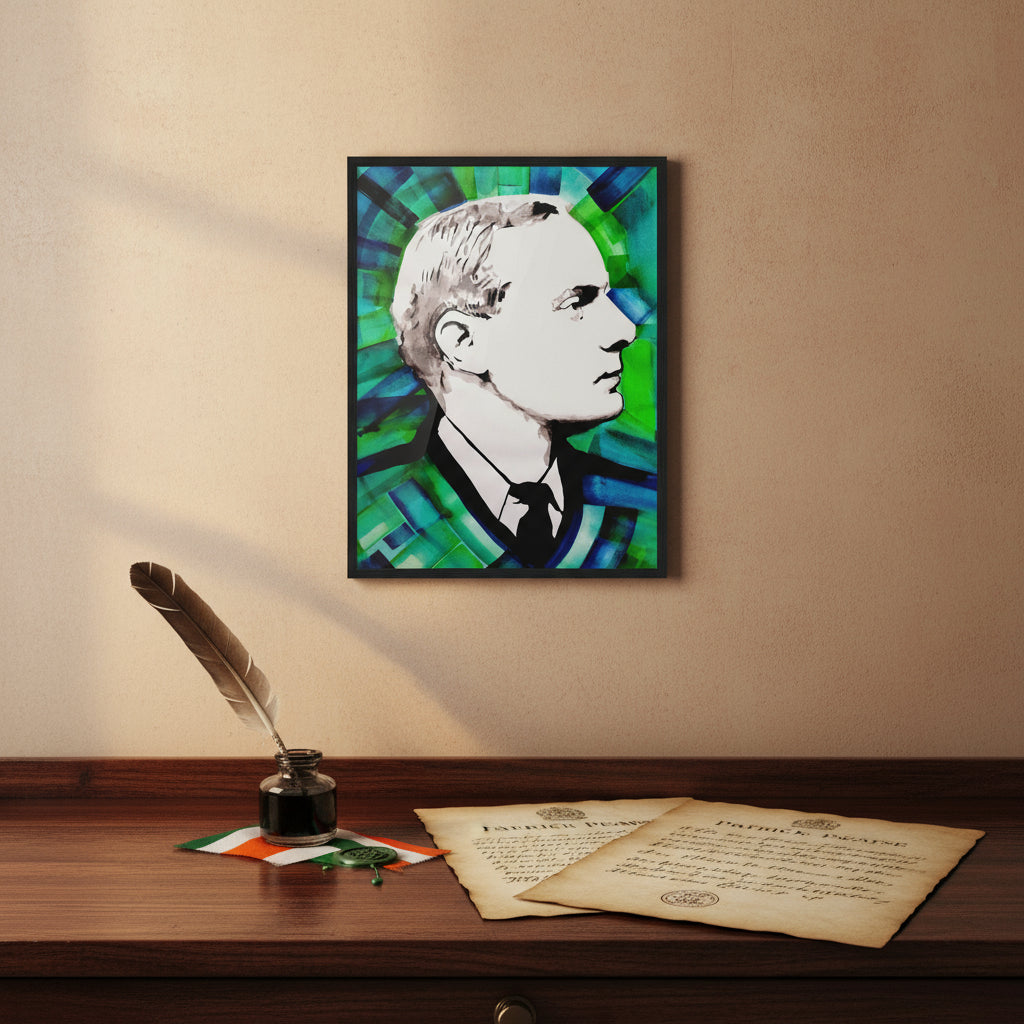 Patrick Pearse portrait in black wood frame above desk with quill, Irish flag motif and historical documents, subtle heritage lighting.