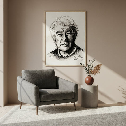 Irish Poet, Seamus Heaney, Black and White Portrait Framed Art Print Poster Direct From the Artist  Buy Irish Art Natural oak frame mockup of Seamus Heaney portrait displayed in a modern collector’s home, earthy palette, linen textures, gentle shadows, refined contemporary Irish interior, 