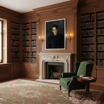 Period library with deep green velvet armchair, shelves of leather-bound books, and a framed Yeats portrait lit by soft golden sconces