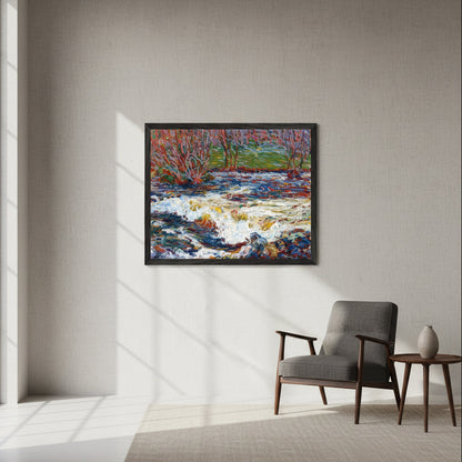 Framed fine-art print of Roderic O’Conor’s The Rushing Stream hanging in a luxury collector’s living room, matte black wooden frame, museum-style spacing, soft north-light window, Belgian-linen walls, mid-century armchair, minimal decor, natural shadows, ultra-realistic, photorealistic art gallery style.
