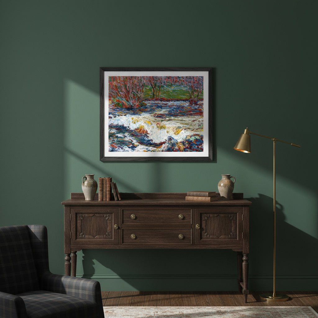 framed fine art print of Roderic O’Conor’s The Rushing Stream, black gallery frame, hanging in a sophisticated Irish heritage living room, deep green wall, brass floor lamp, antique sideboard, moody afternoon light, museum-style presentation, ultra-realistic, soft shadows, premium interior photography