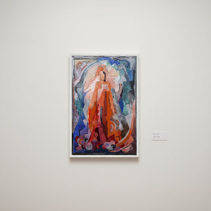 I Have Trodden the Winepress Alone by Mainie Jellett – white framed Irish abstract sacred art print museum exhibition wall, soft neutral off-white paint, framed artwork with thin white frame, small curatorial label beside frame, soft diffused
daylight from skylight, ultra clean aesthetic, 4K museum-style render
