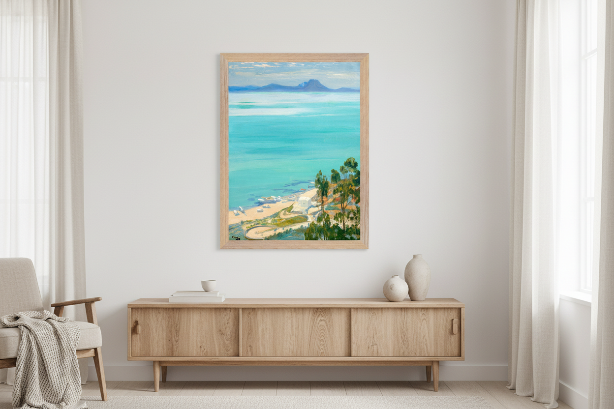 The Bay of Tunis, Morning by Sir John Lavery – framed Irish landscape and seascape art print in a refined neutral interior