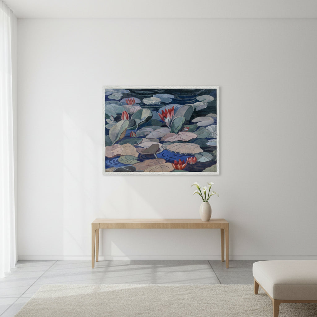 premium white wooden frame around Mainie Jellett water-lily print, bright contemporary gallery wall, soft diffused daylight, refined minimalist room, upscale styling
