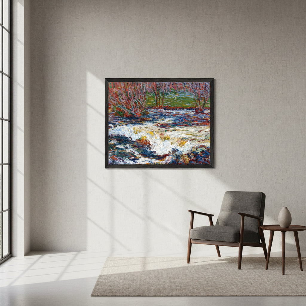 Framed fine-art print of Roderic O’Conor’s The Rushing Stream hanging in a luxury collector’s living room, matte black wooden frame, museum-style spacing, soft north-light window, Belgian-linen walls, mid-century armchair, minimal decor, natural shadows, ultra-realistic, photorealistic art gallery style.