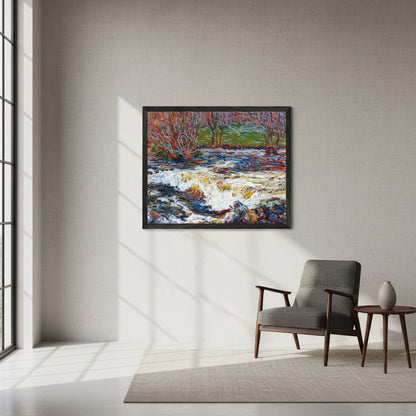 Framed fine-art print of Roderic O’Conor’s The Rushing Stream hanging in a luxury collector’s living room, matte black wooden frame, museum-style spacing, soft north-light window, Belgian-linen walls, mid-century armchair, minimal decor, natural shadows, ultra-realistic, photorealistic art gallery style.