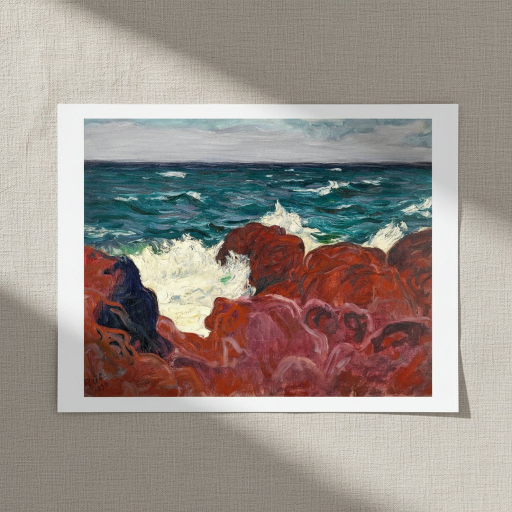 Red Rocks and Sea by Roderic O'Conor, unframed archival art print resting on light linen fabric in soft natural daylight, Buy Irish Art
