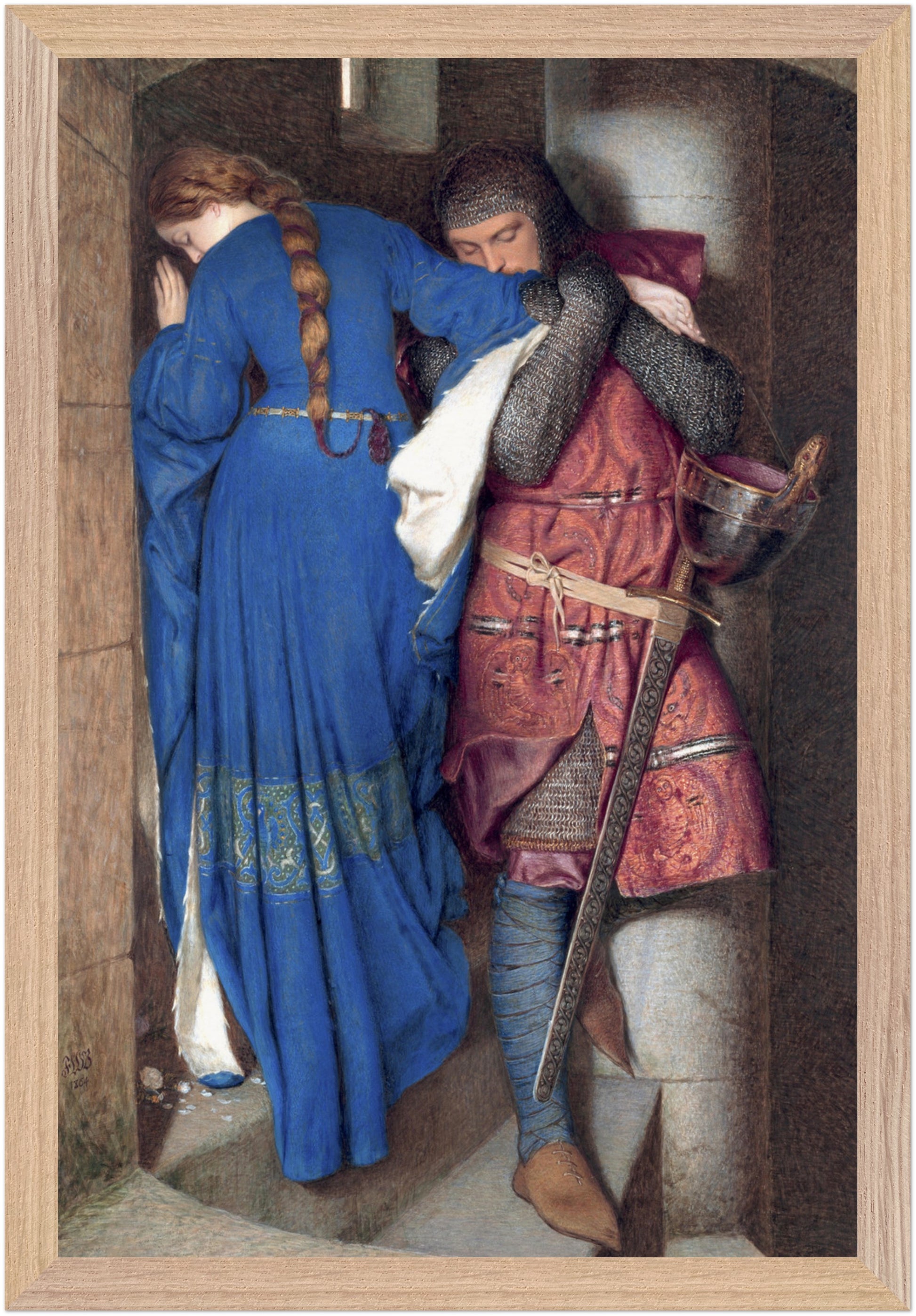 Frederic William Burton’s The Meeting on the Turret Stairs in a natural wood frame, 30×45 cm Collector’s Edition art print