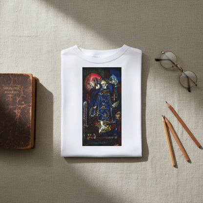 Flat-lay of folded Irish art T-shirt printed with “The Song of the Mad Prince” by Harry Clarke. Place on natural linen fabric background with subtle heritage props — old Irish book, sketch pencils, brass spectacles. Soft daylight from side window. Premium, minimalist product-photography style.