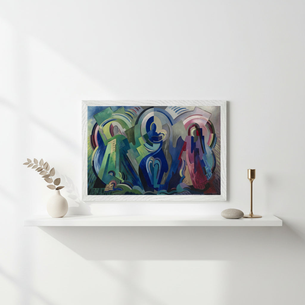 The Virgin of Éire by Mainie Jellett Modernist sacred art print Framed print leaning against a bright white wall on a minimalist floating shelf, subtle decor objects around it, diffused soft lighting, clean modern aesthetic, 4K realism.
